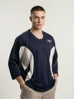 Reebok Hockey Jersey Navy White Long Sleeve Athletic Men's L